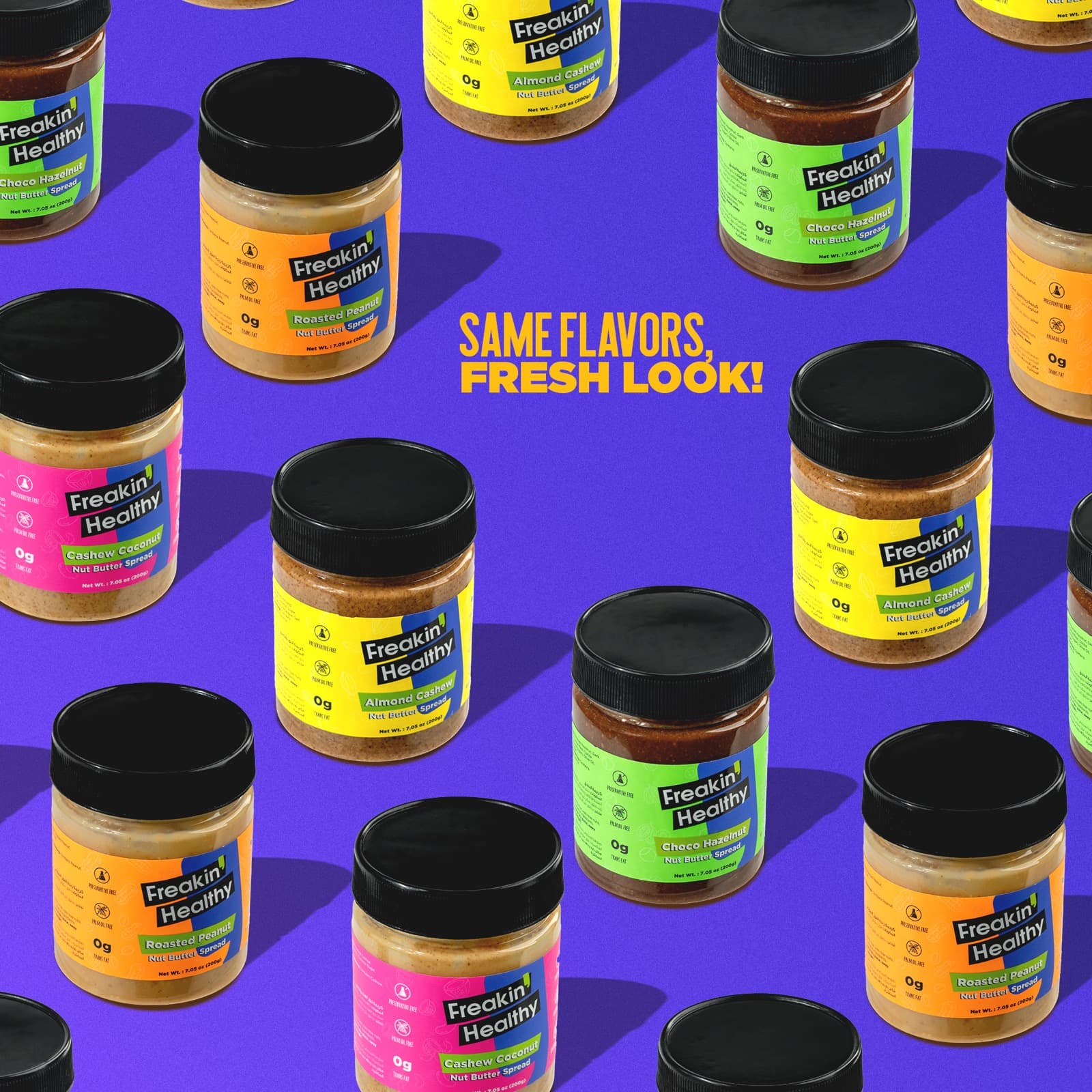 Rows of Freakin’ Healthy nut butter jars in the new look